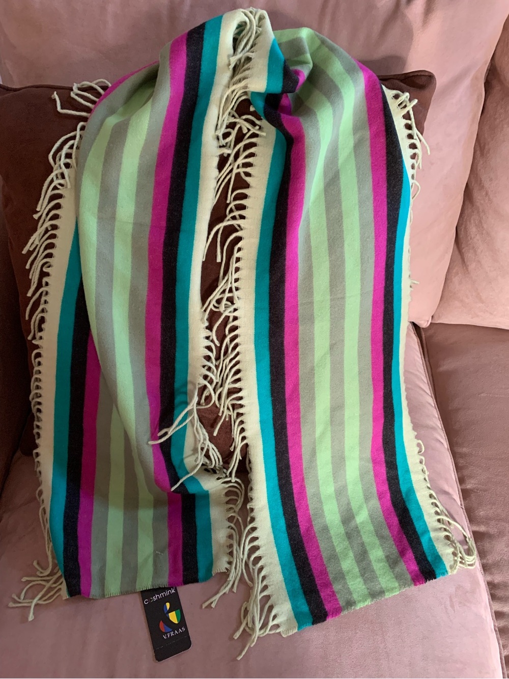 V. FRAAS Striped Fringe Scarf in Mint, Teal, Magenta & Black